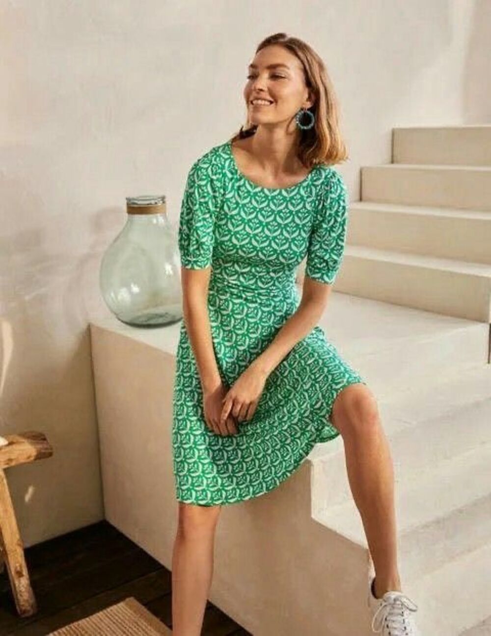 Boden Roberta Jersey Dress Green Sapling Flora Bud Puff Sleeve Empire Waist 10R